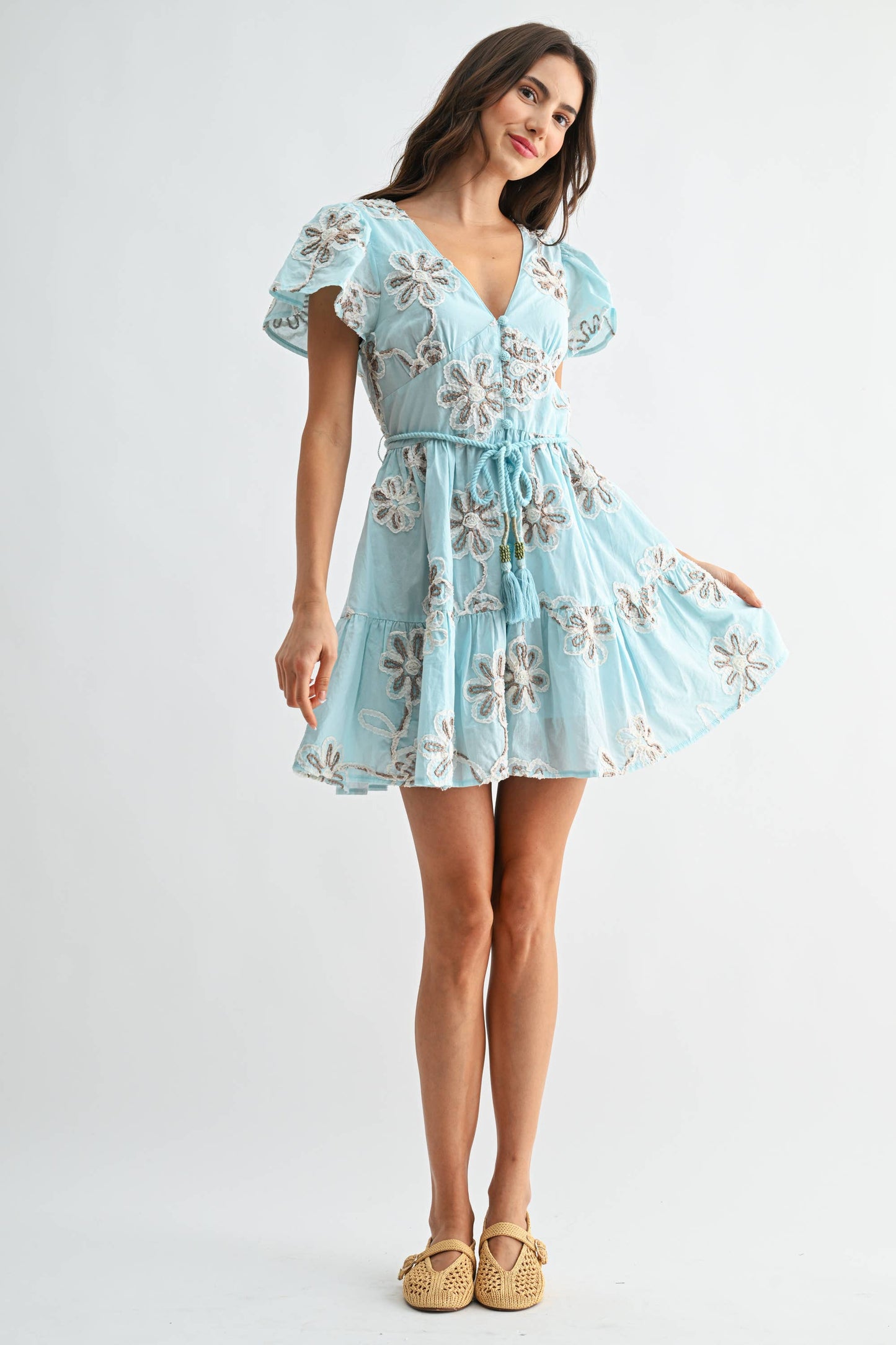 Embroidered Floral Short Sleeve Dress with Belt
