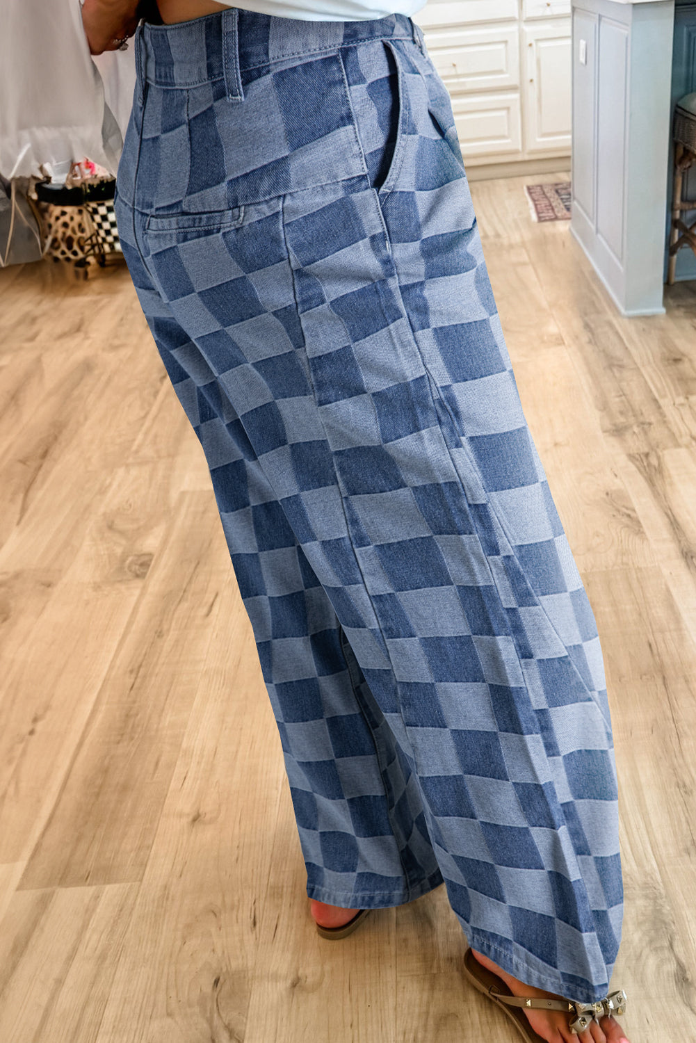 Dark Grey Checkered Light Washed Wide Leg Jeans