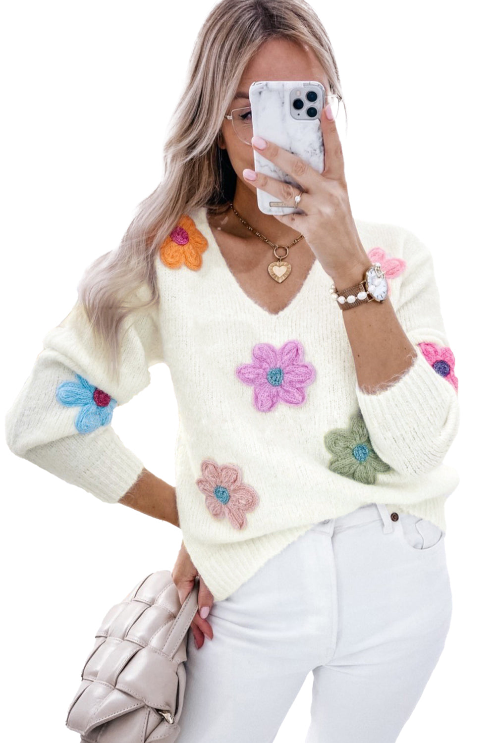 White 60s Vintage Flower Pattern Fuzzy V Neck Sweater