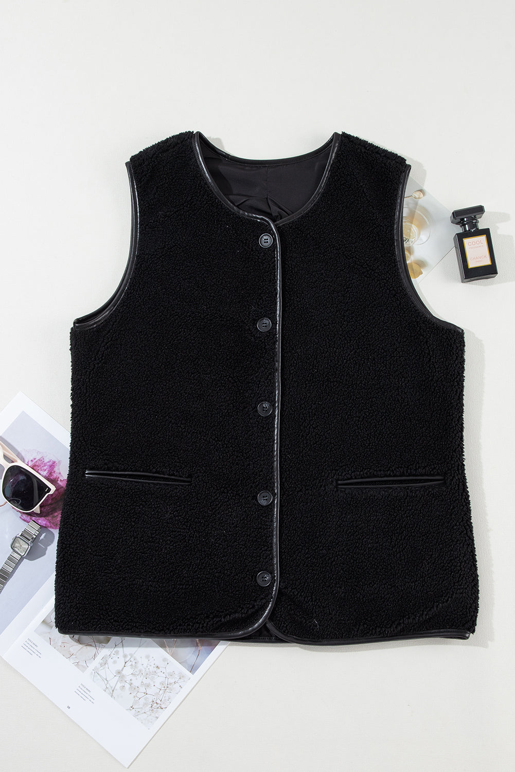 Camel Fleece Leather Patchwork Side Pockets Button Up Vest