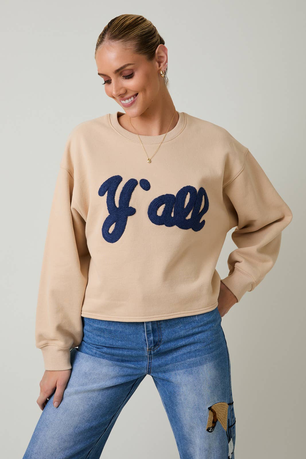 CREW NECK "Y'ALL" FLOCKED SWEATSHIRT