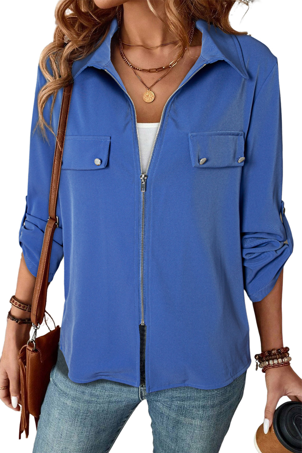 Dusk Blue Collar Tab Sleeve Zip Up Jacket