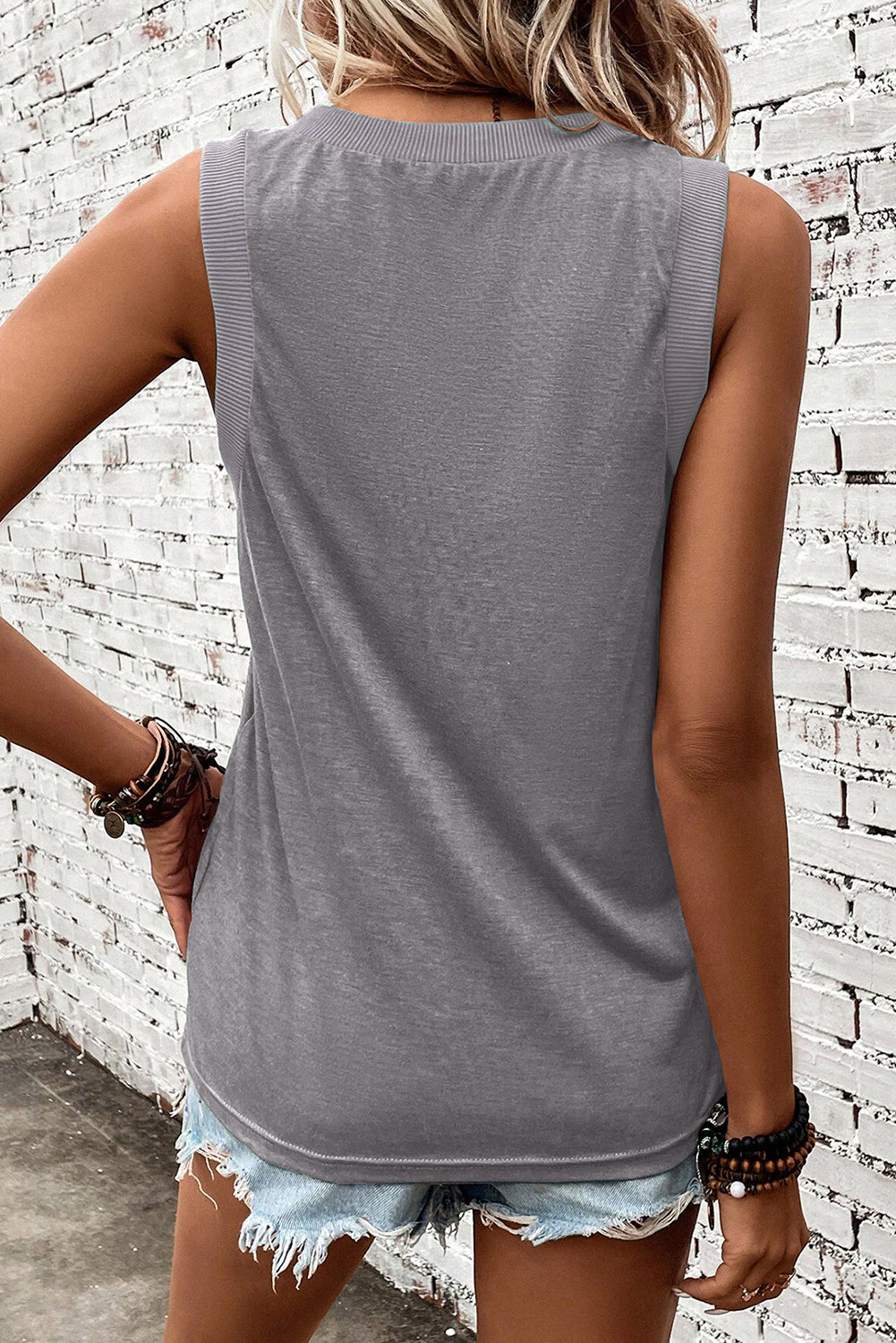 Gray Contrast Trim V-Neck Loose Fit Tank Top