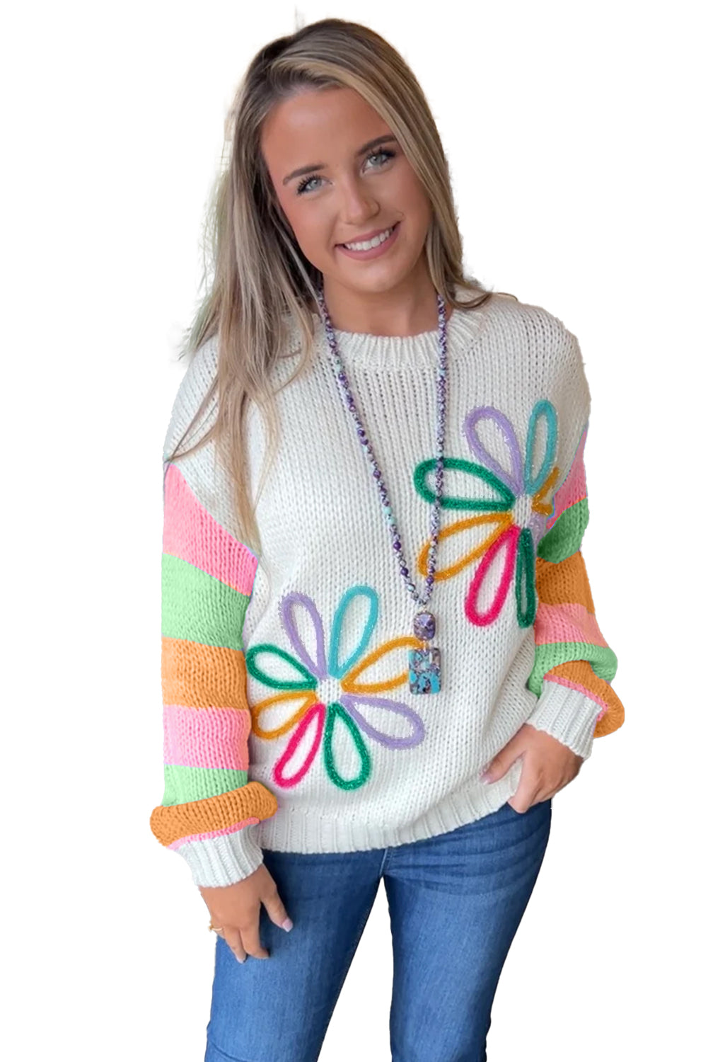 White Vibrant Floral Patched Colorblock Sleeve Knitted Sweater