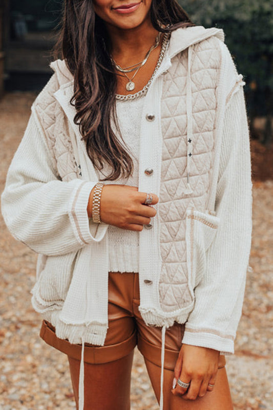 Beige Quilted Textured Patchwork Hooded Jacket