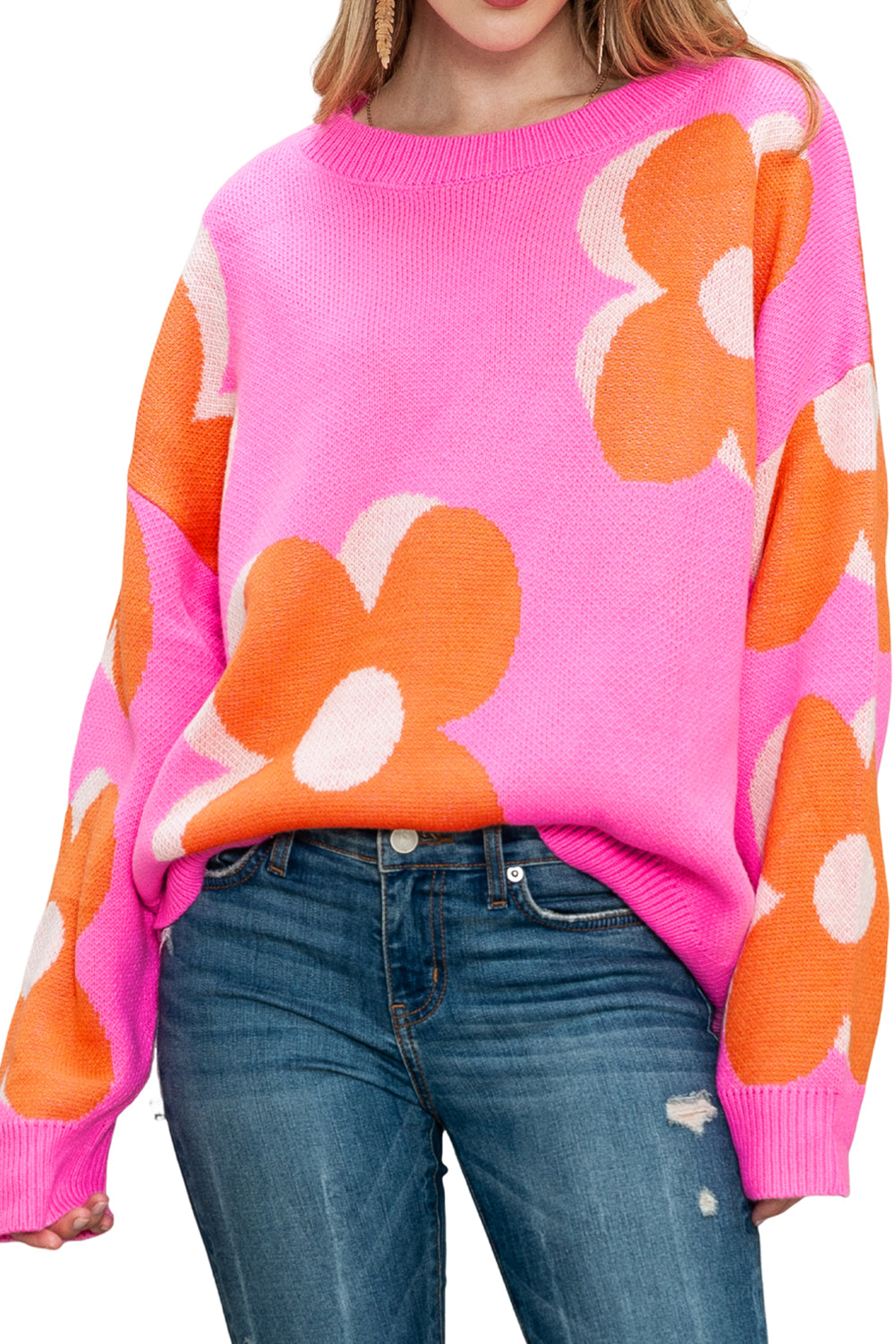 Pink & Orange 60s Floral Cable Knitted Sweater