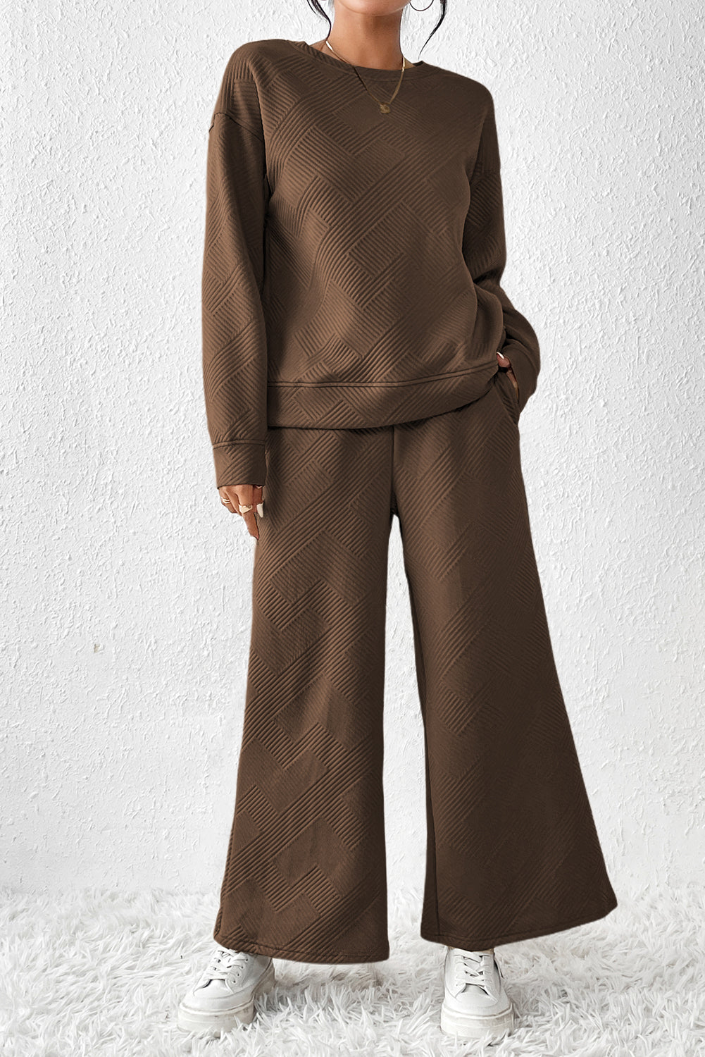 Dark Khaki Textured Loose Slouchy Long Sleeve Top and Pants Set