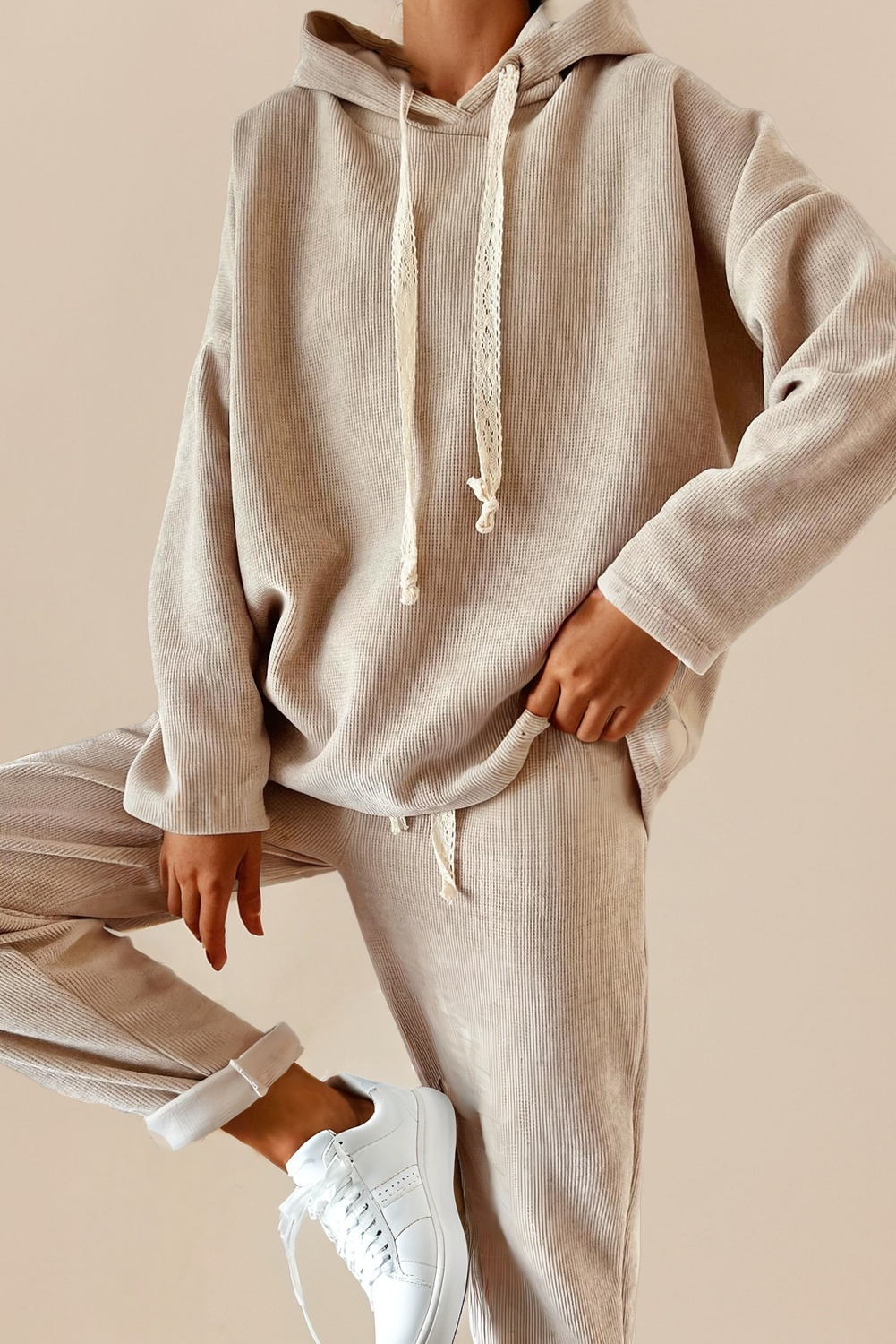 Drawstring Pullover Hoodie and High Waist Pants Corduroy Set
