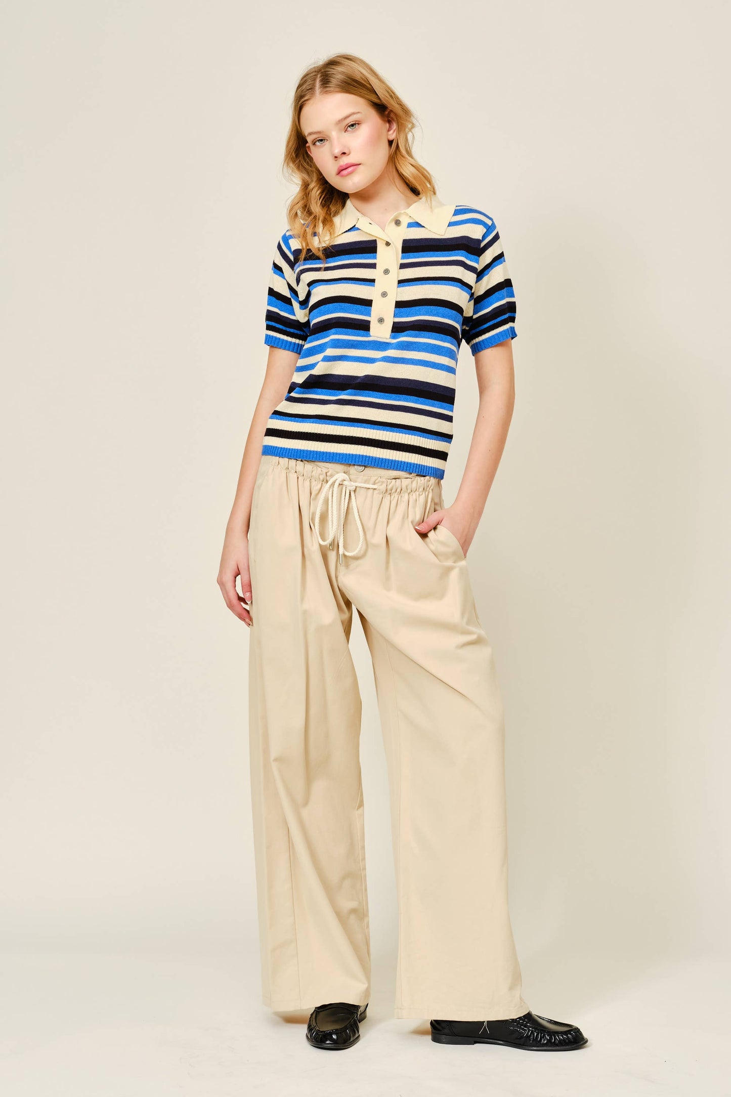 FRONT SHIRRING DETAIL DRAWSTRING STRAIGHT PANTS