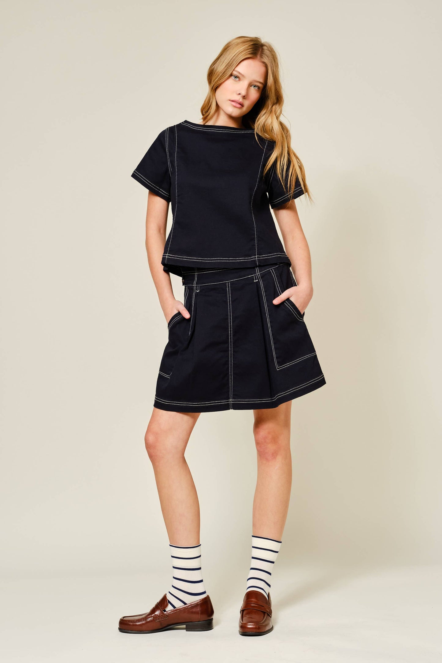SUPER STRETCH STITCHES DETAIL A LINE COTTON SKIRT