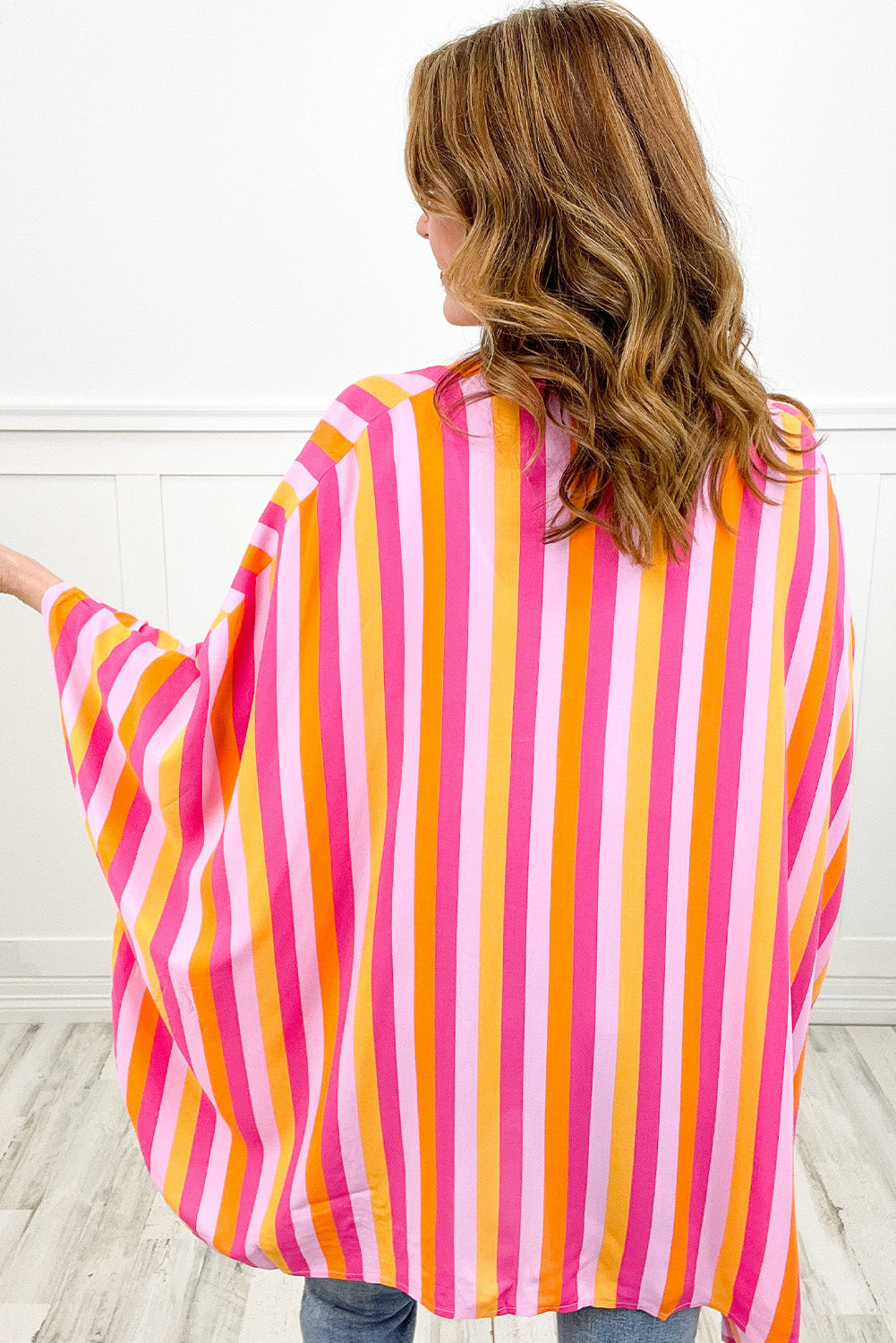 Rose Striped Dolman Sleeve Open Front Kimono