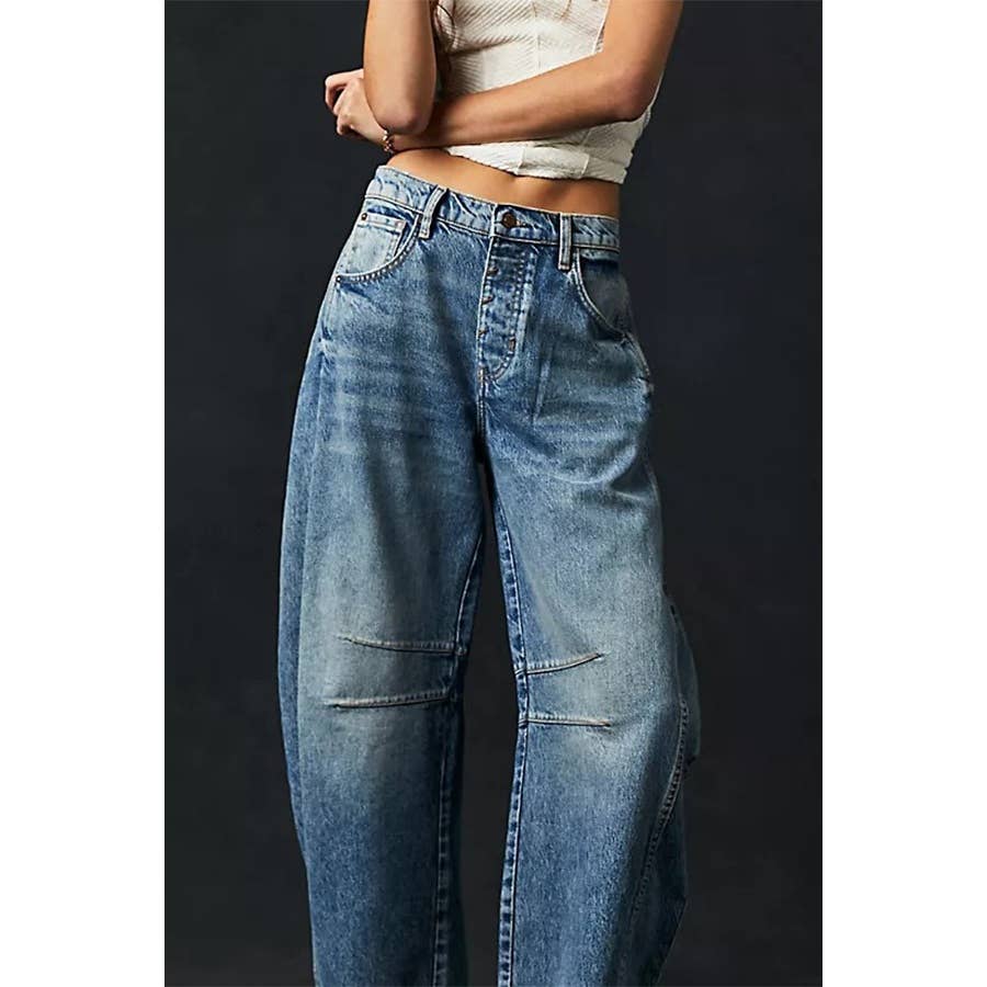 Casual Wide Leg Loose Mid Low Waist Washed Denim