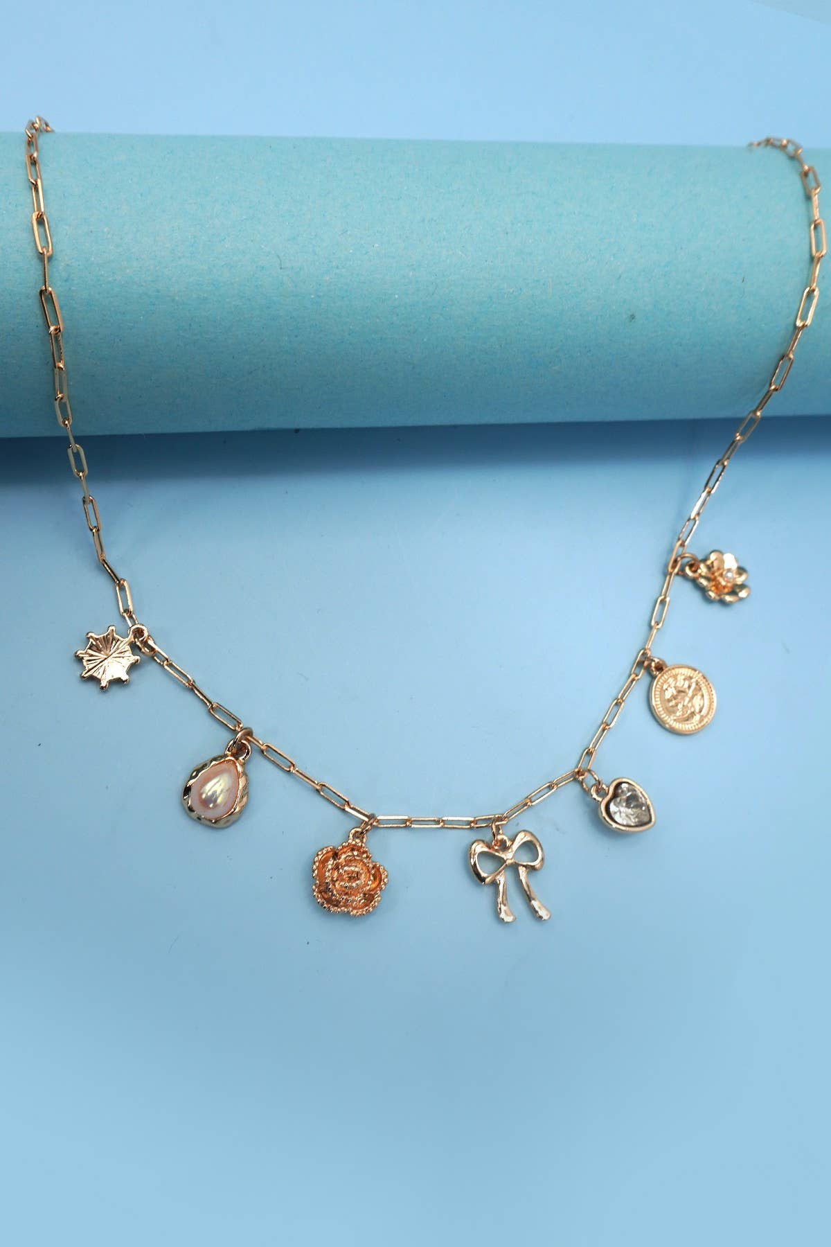 BOW HEART FLOWER CHARM LINK CHAIN NECKLACE