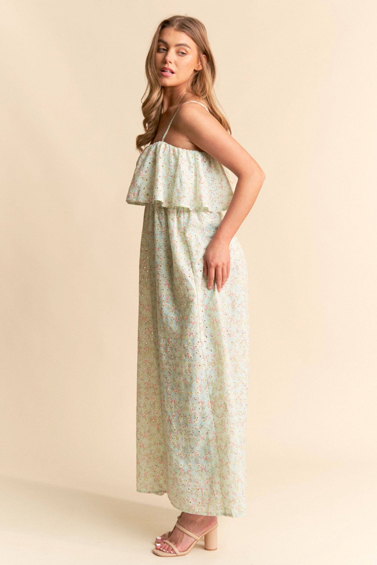 Floral Print Eyelet Tiered Wide Leg Jumpsuit