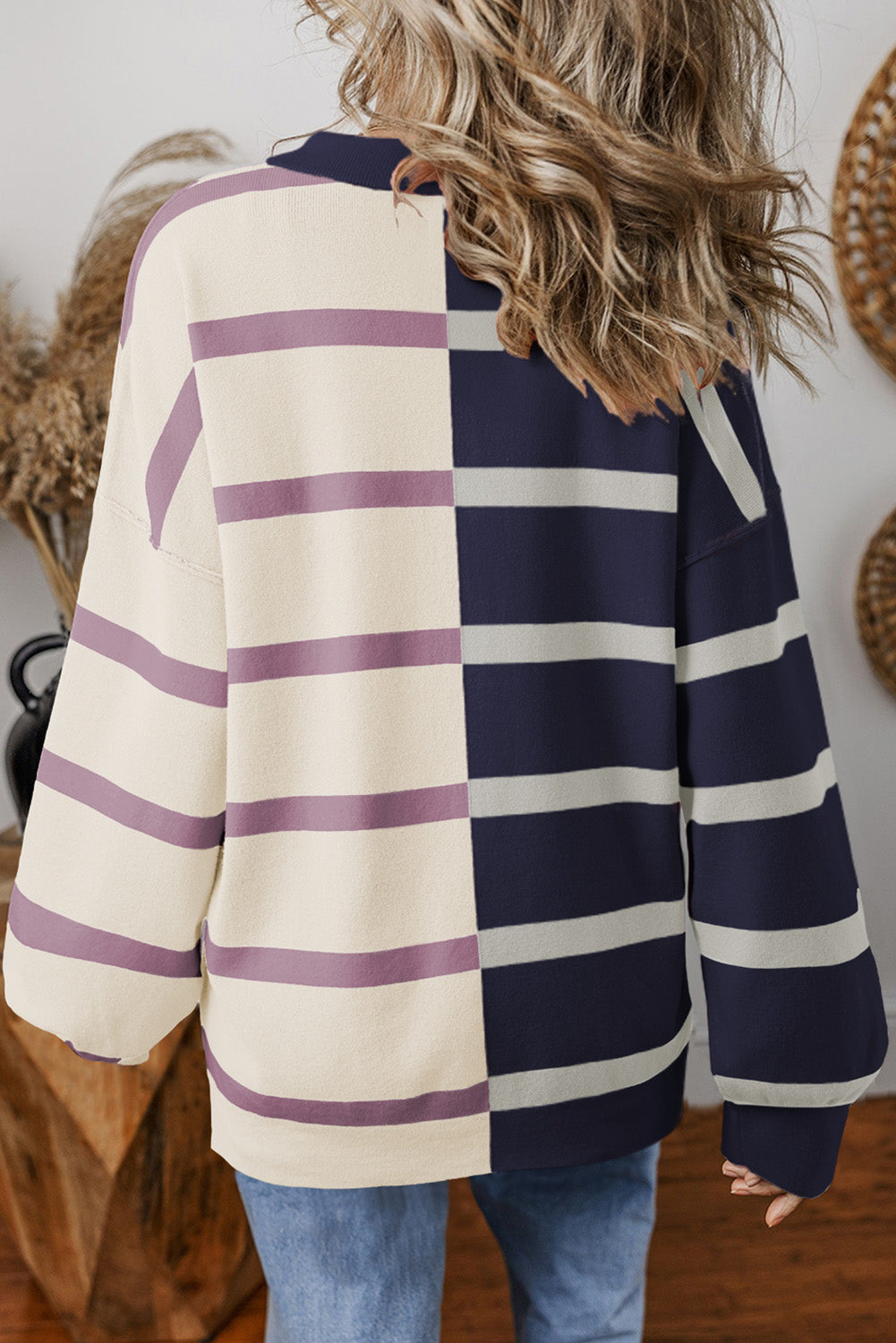 Blue Stripe Exposed Seam Patchwork Loose Sweatshirts