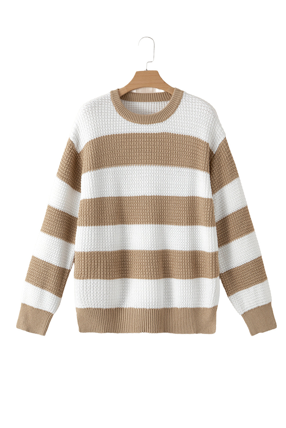 Light French Beige Striped Drop Shoulder Side Slit Sweater