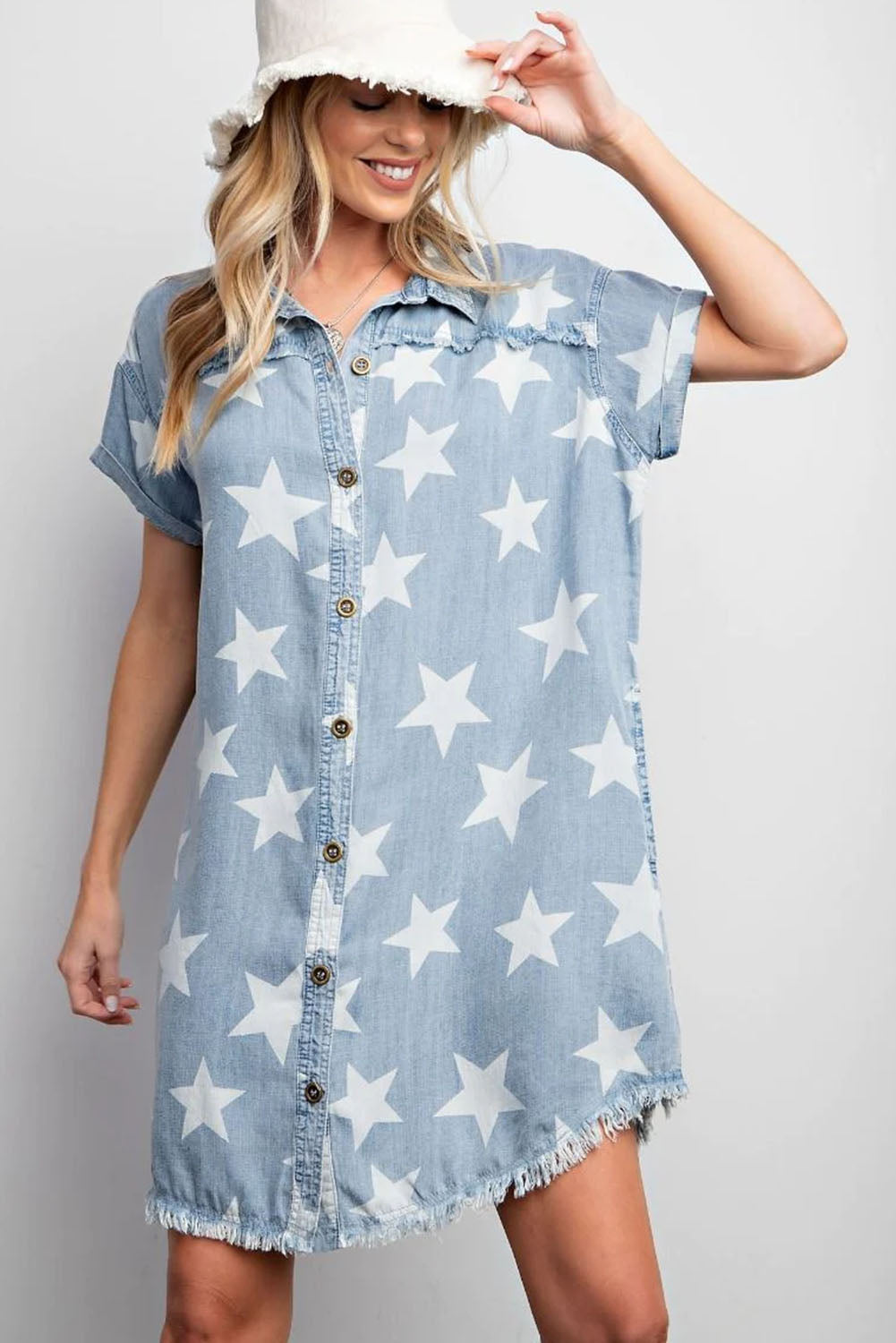 Sky Blue Star Print Frayed Hem Buttoned Denim Mini Dress