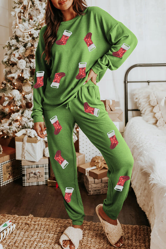 Spinach Green Sequin Christmas Stockings Graphic Loungewear Set