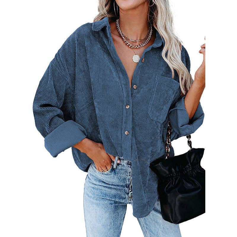 Oversized Corduroy Button-Up Shirt with Chest Pocket