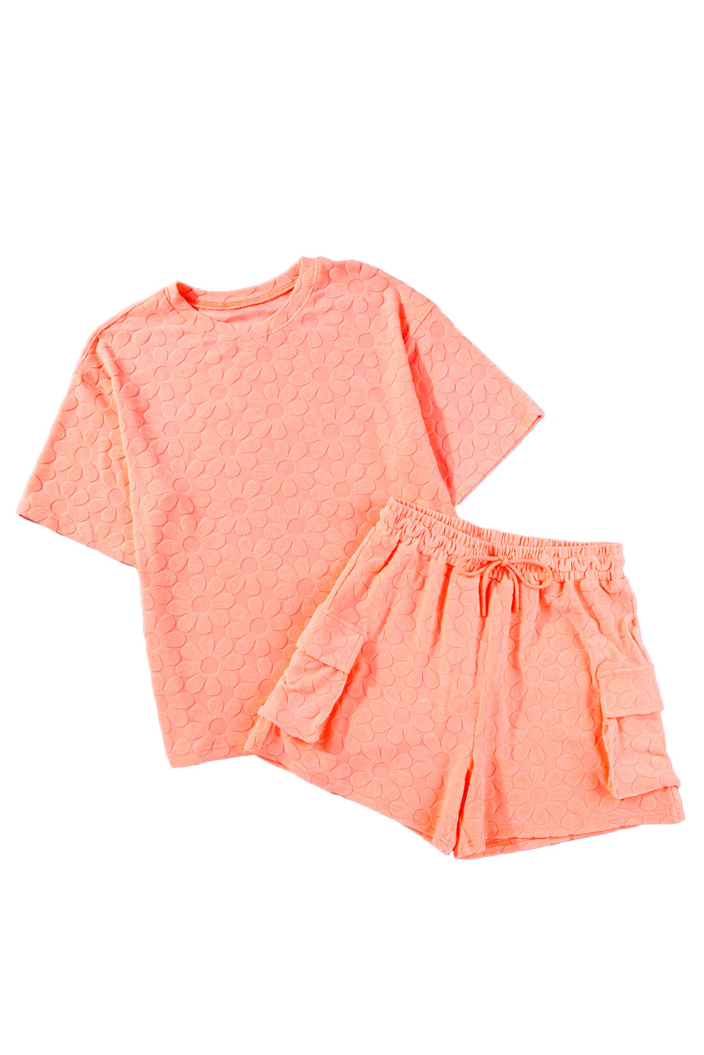 Grapefruit Orange Floral Textured Short Sleeve Top and Shorts Set