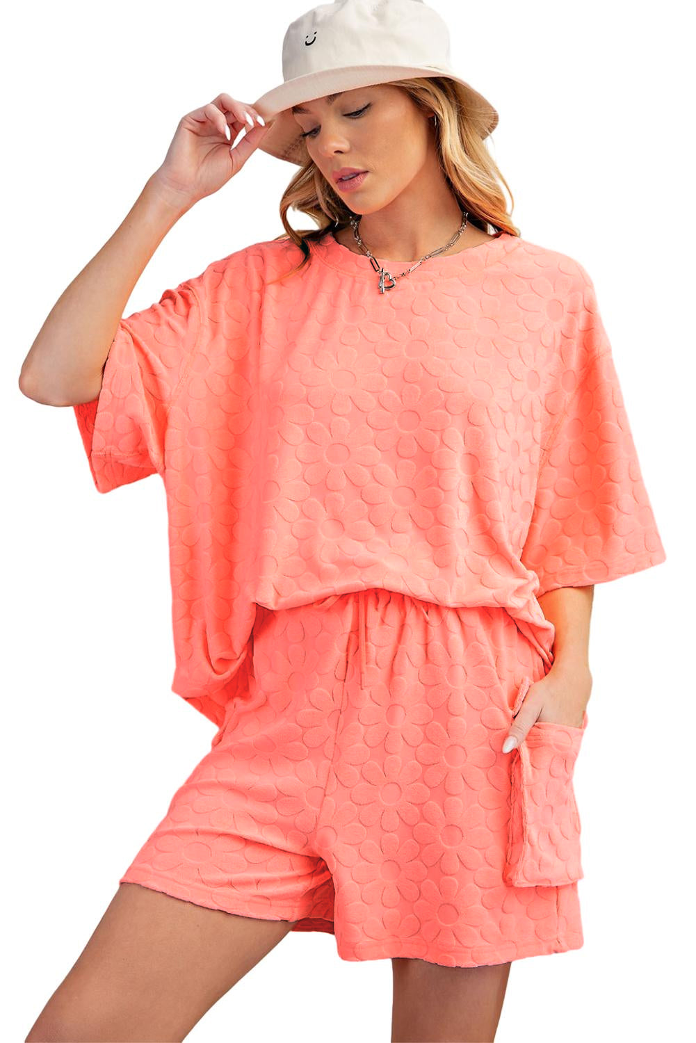 Grapefruit Orange Floral Textured Short Sleeve Top and Shorts Set