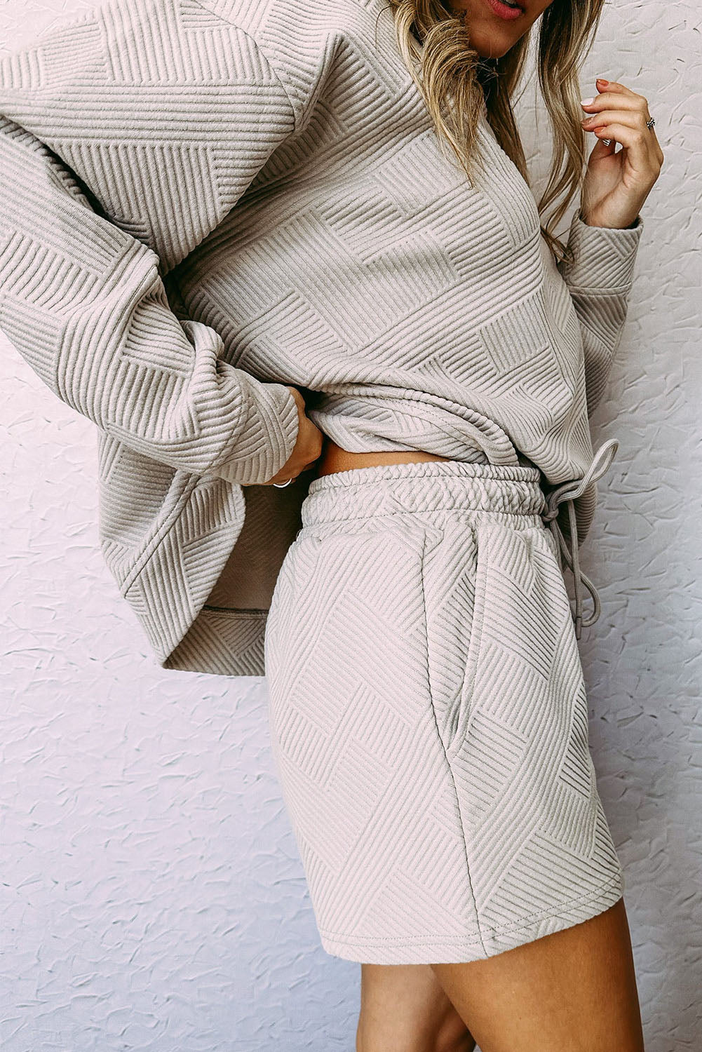 Gray Textured Long Sleeve Top & Drawstring Shorts Set