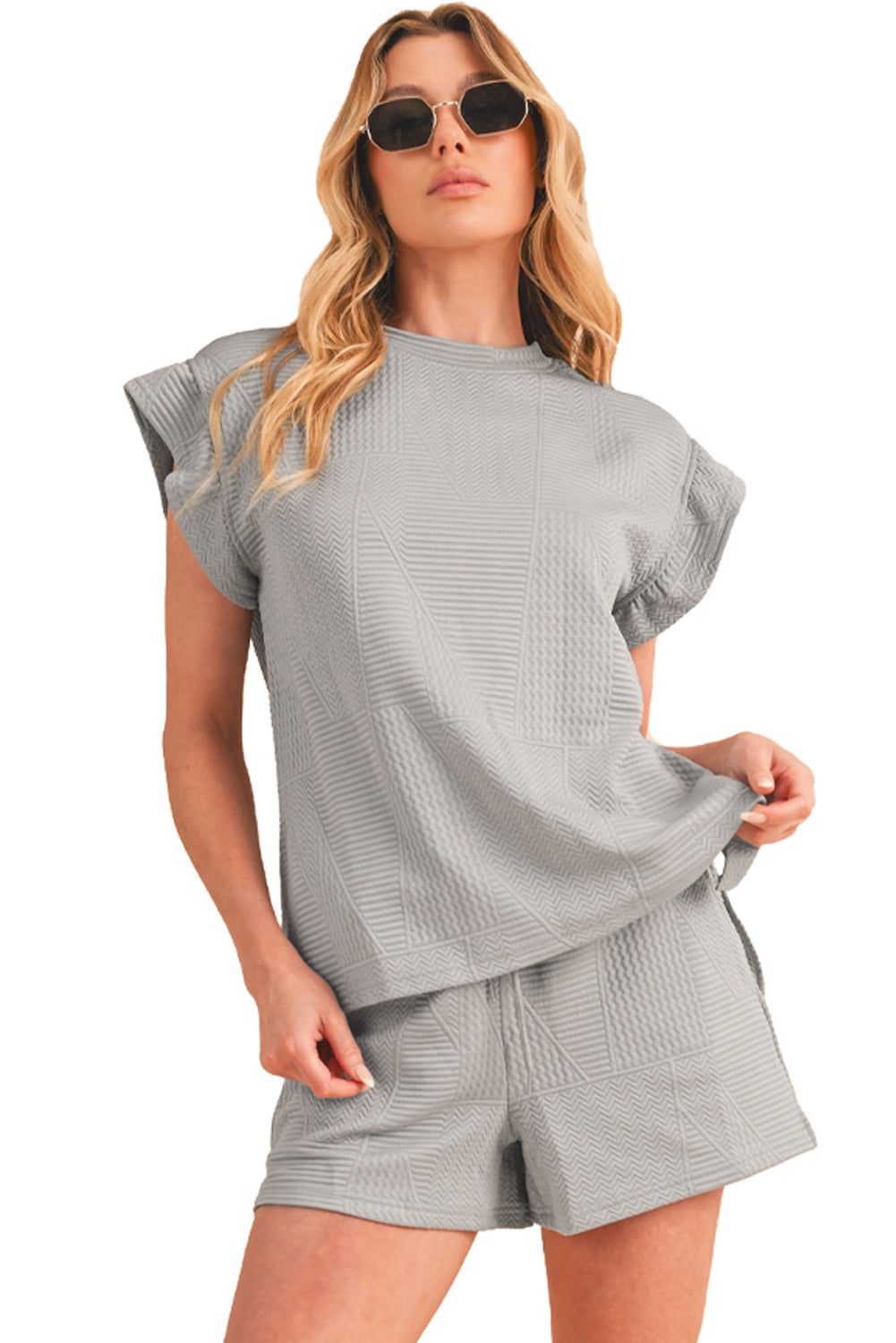 Gray Textured Ruffle Split Top and Drawstring Shorts Set