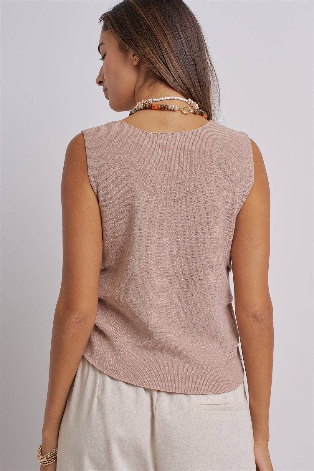 Button-Front Knit Vest Top with Side Detail