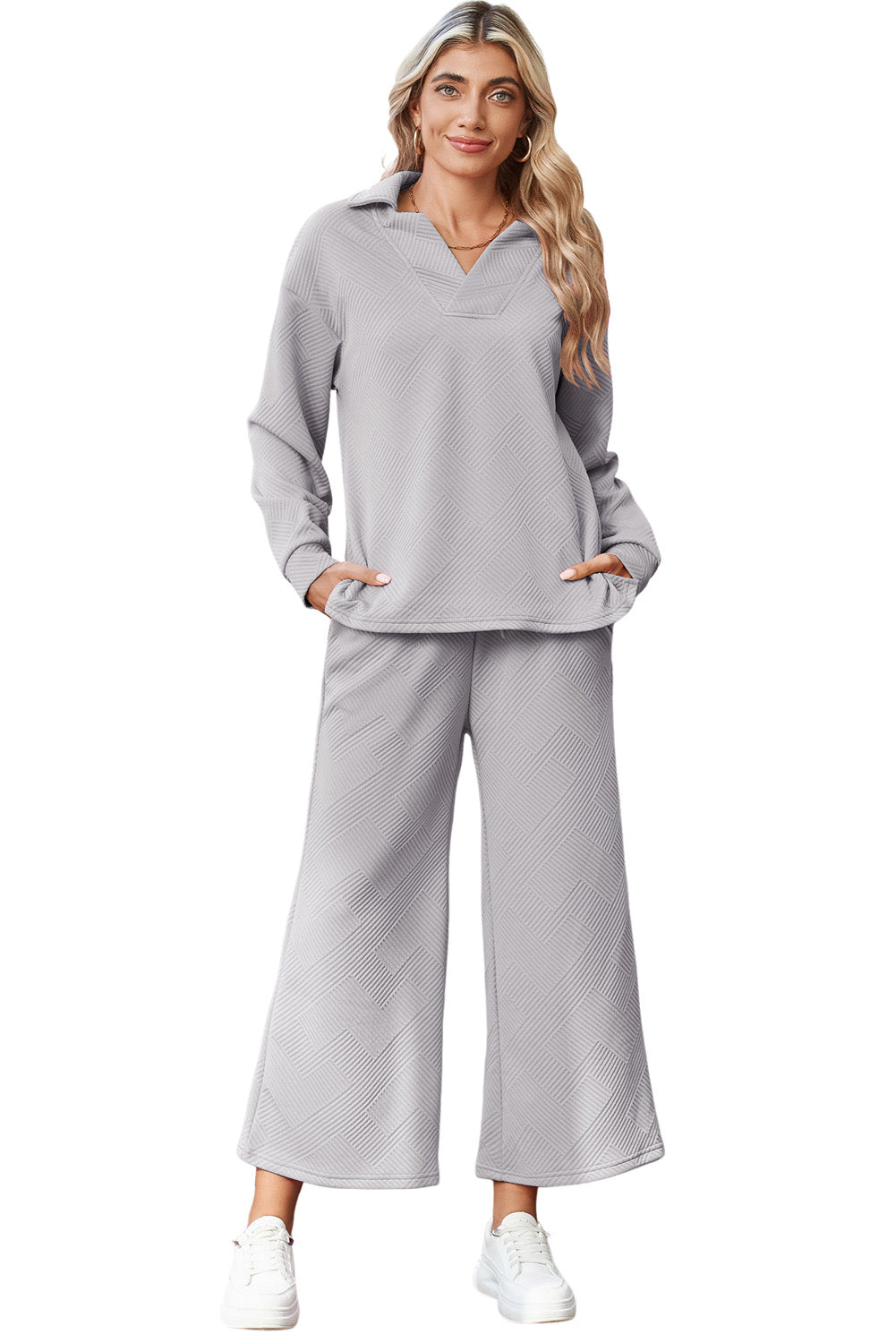 Light Grey Solid Textured Collared V Neck Top and Wide Leg Pants Set