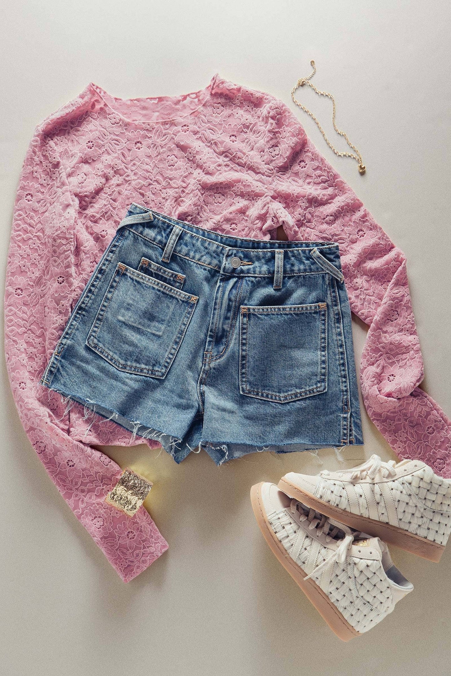 High Rise Patch Pocket Raw Hem Denim Shorts