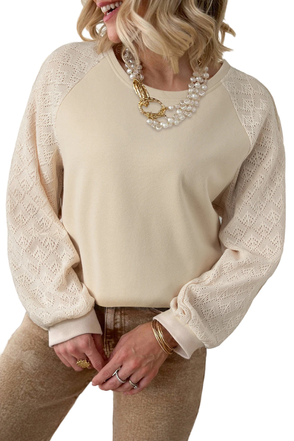 Parchment Eyelet Knit Patchwork Raglan Sleeve Sweatshirt