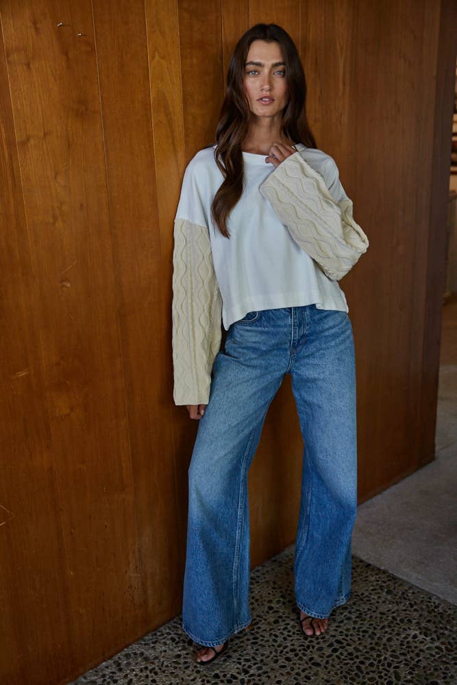 Knit Sweater Cotton Cable Knit Sleeve Pullover