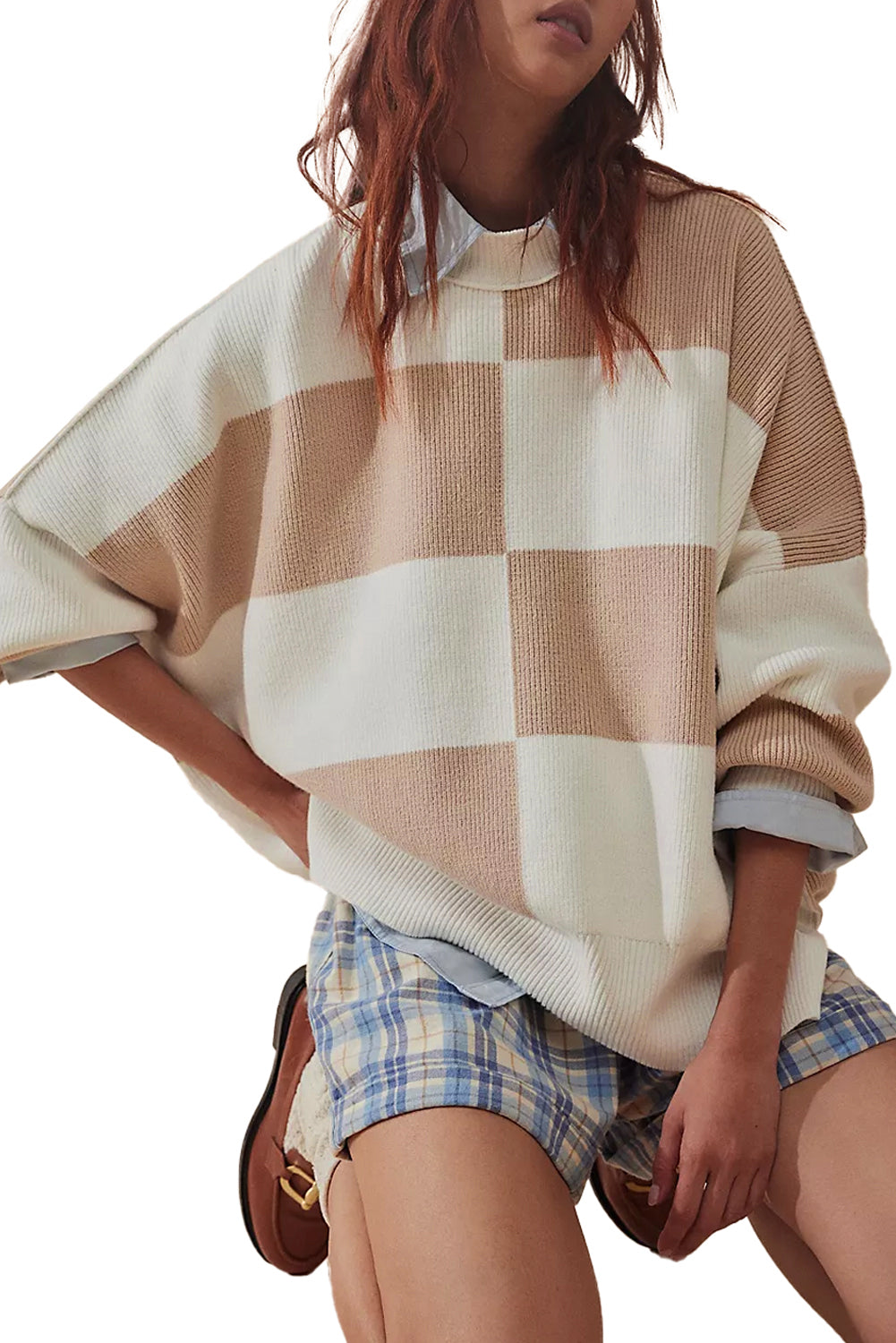 Khaki Checkered Side Slits Drop Shoulder Oversized Sweater