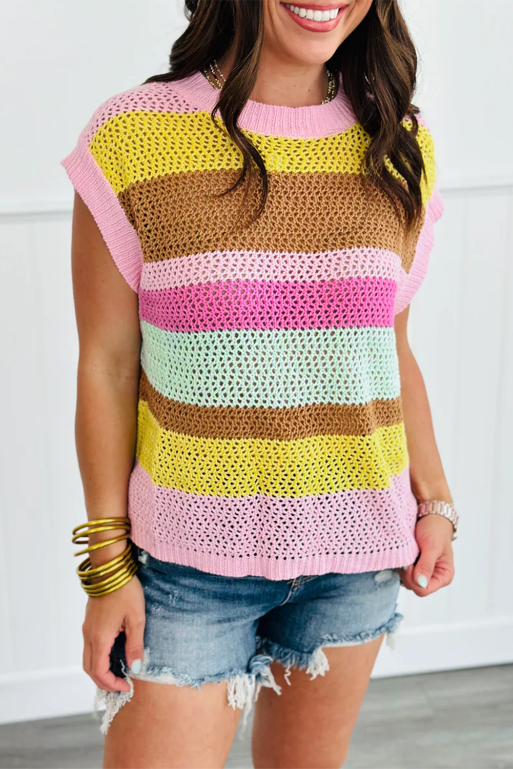 Pink Stripe Hollowed Crochet Cap Sleeve Loose Fit Knit T Shirt