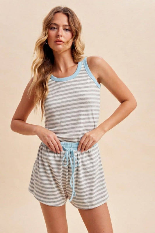 Contrast Color Band Striped Jersey Tank And Shorts Set