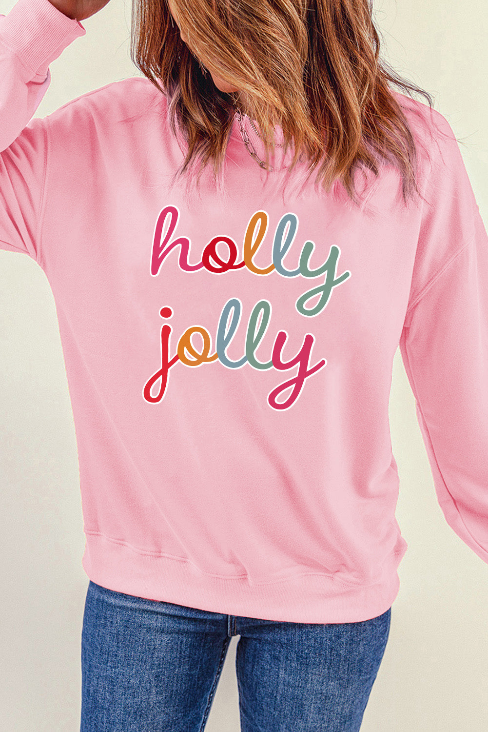 Pink holly jolly Printed Round Neck Sweatshirt