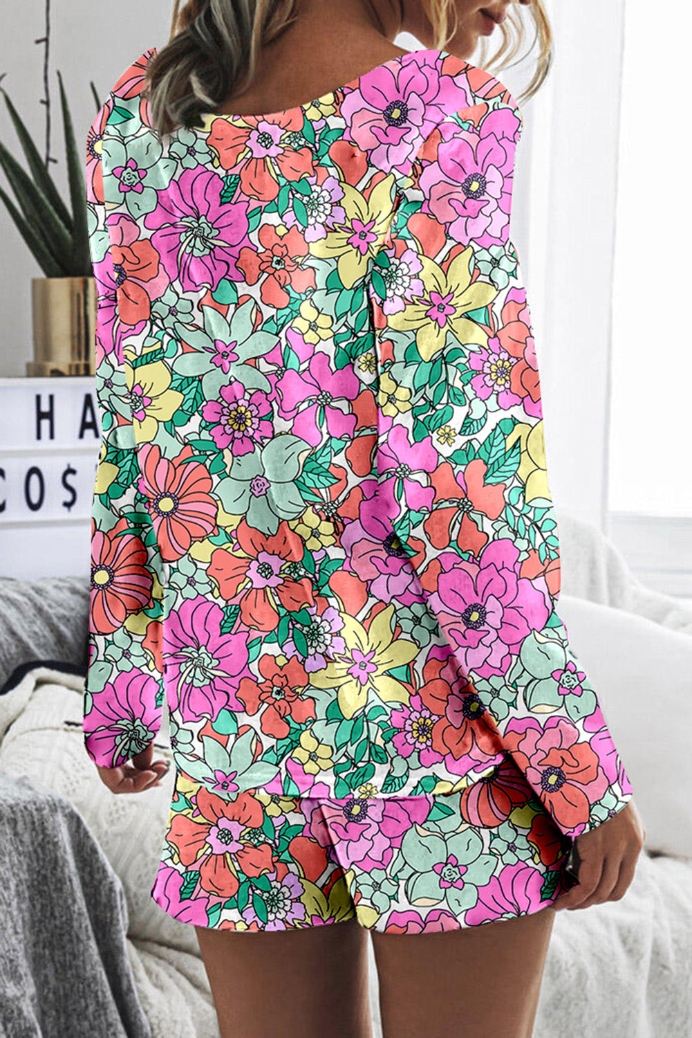 Multicolor Flower Long Sleeve Top & Drawstring Shorts Loungewear Set