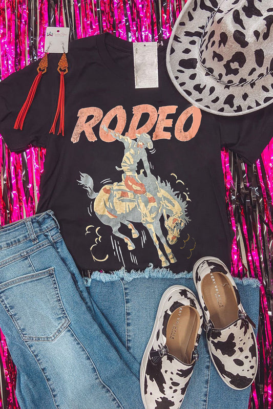 Black RODEO Horse Graphic Crewneck T Shirt