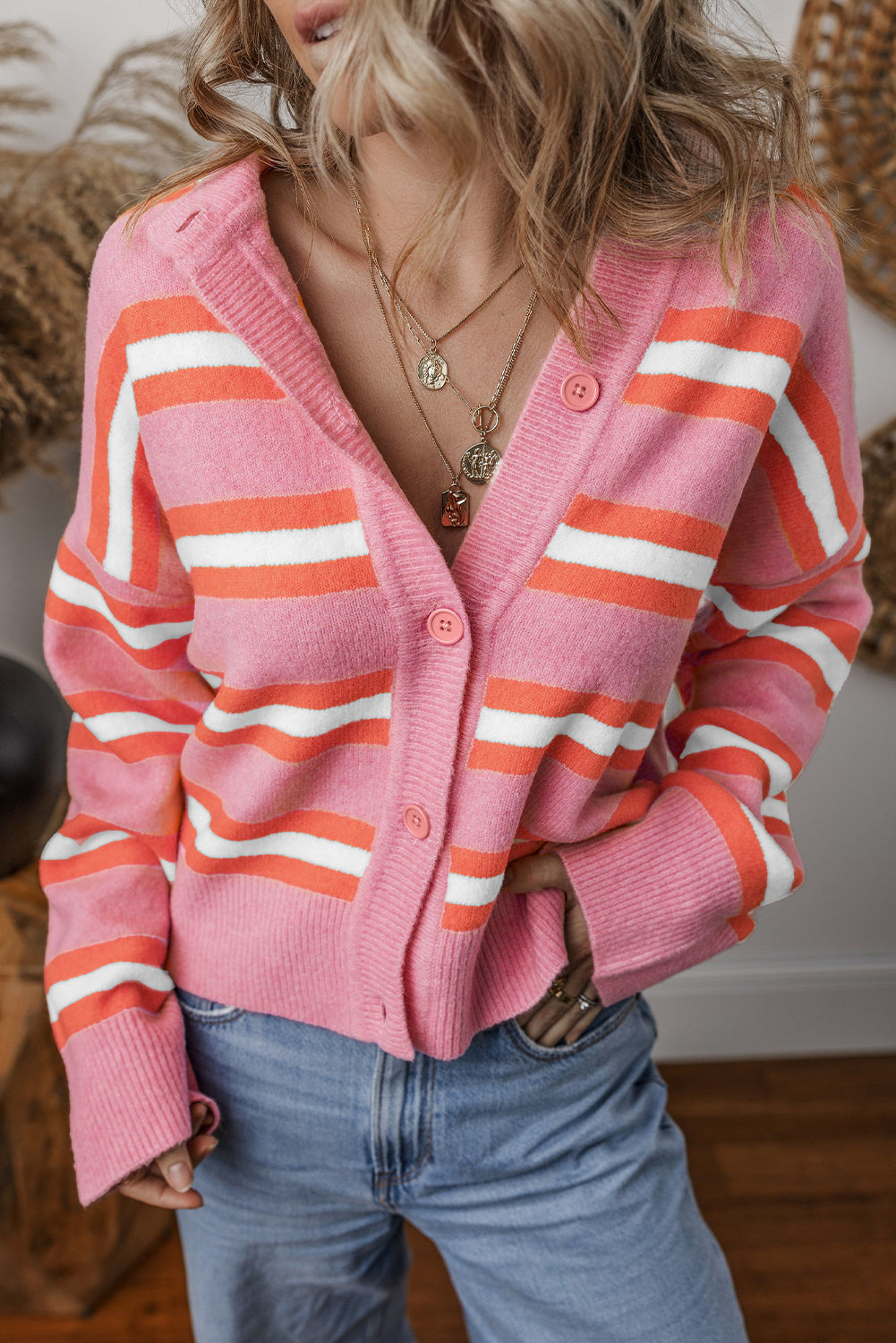 Pink Stripe Button-up Short Cardigan