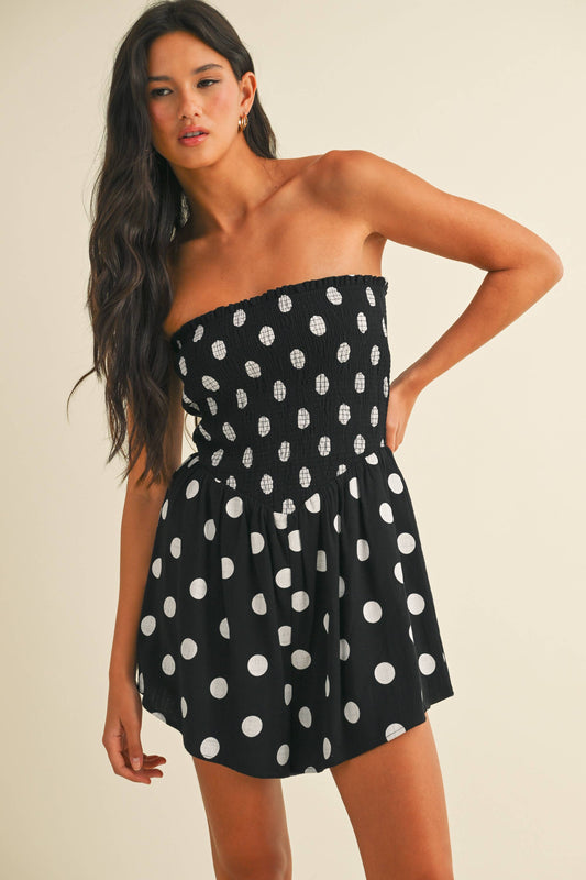 POLKA DOT STRAPLSS SMOCKED ROMPER