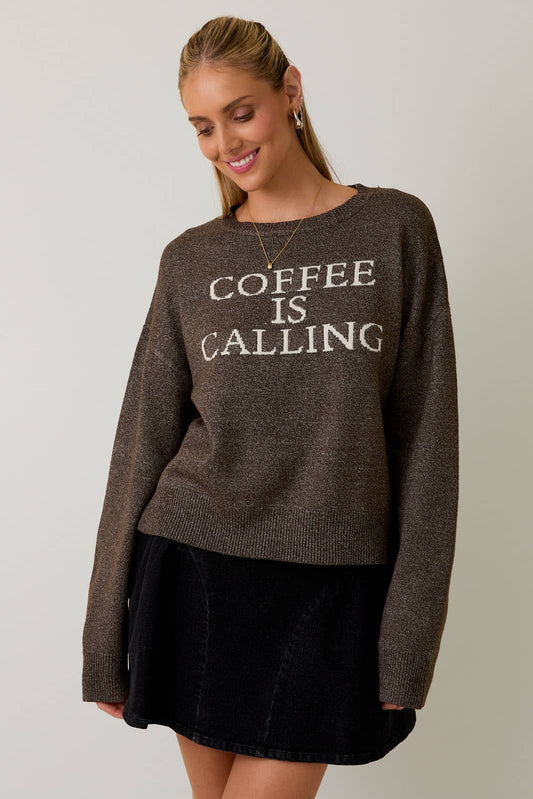 CREW NECK 'COFFEE IS CALLING' SWEATER TOP