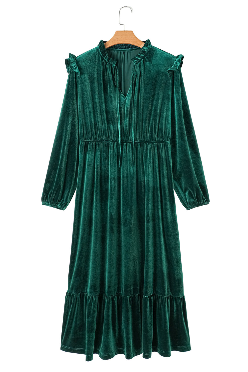 Blackish Green Frill Neck Velvet High Waist Plus Size Dress