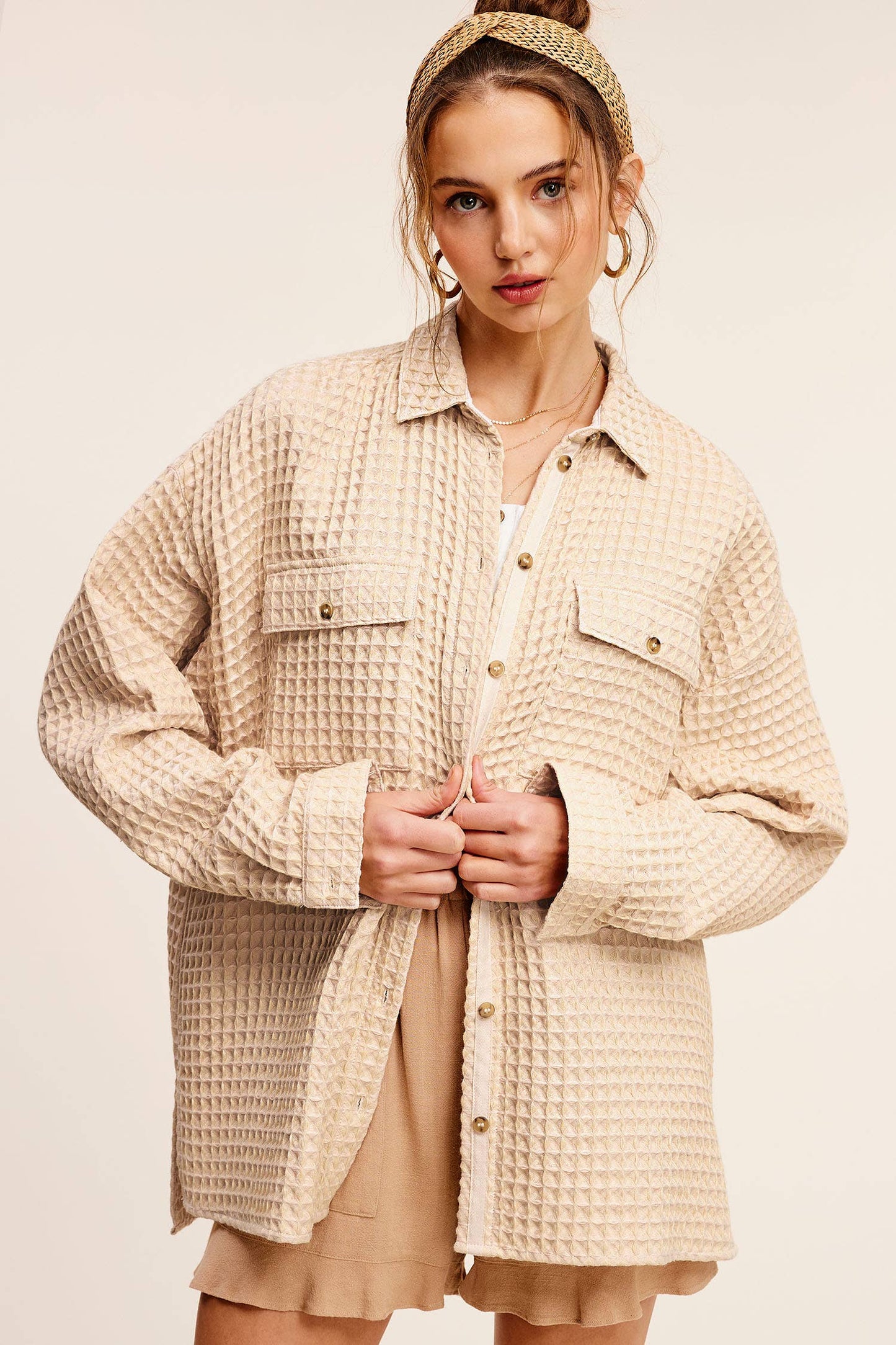 Unique Waffle Textured Oversized Button Down Shacket