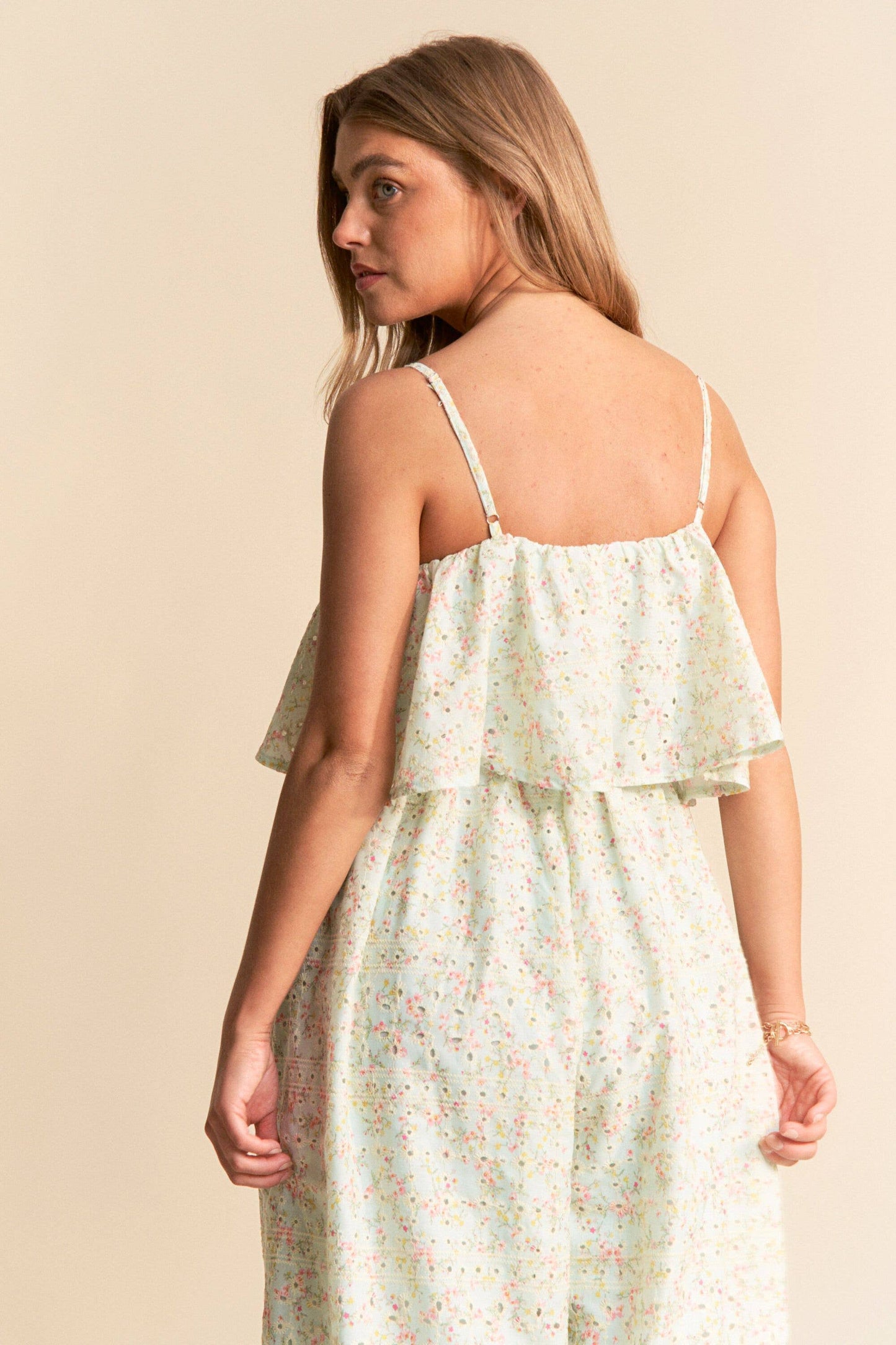 Floral Print Eyelet Tiered Wide Leg Jumpsuit