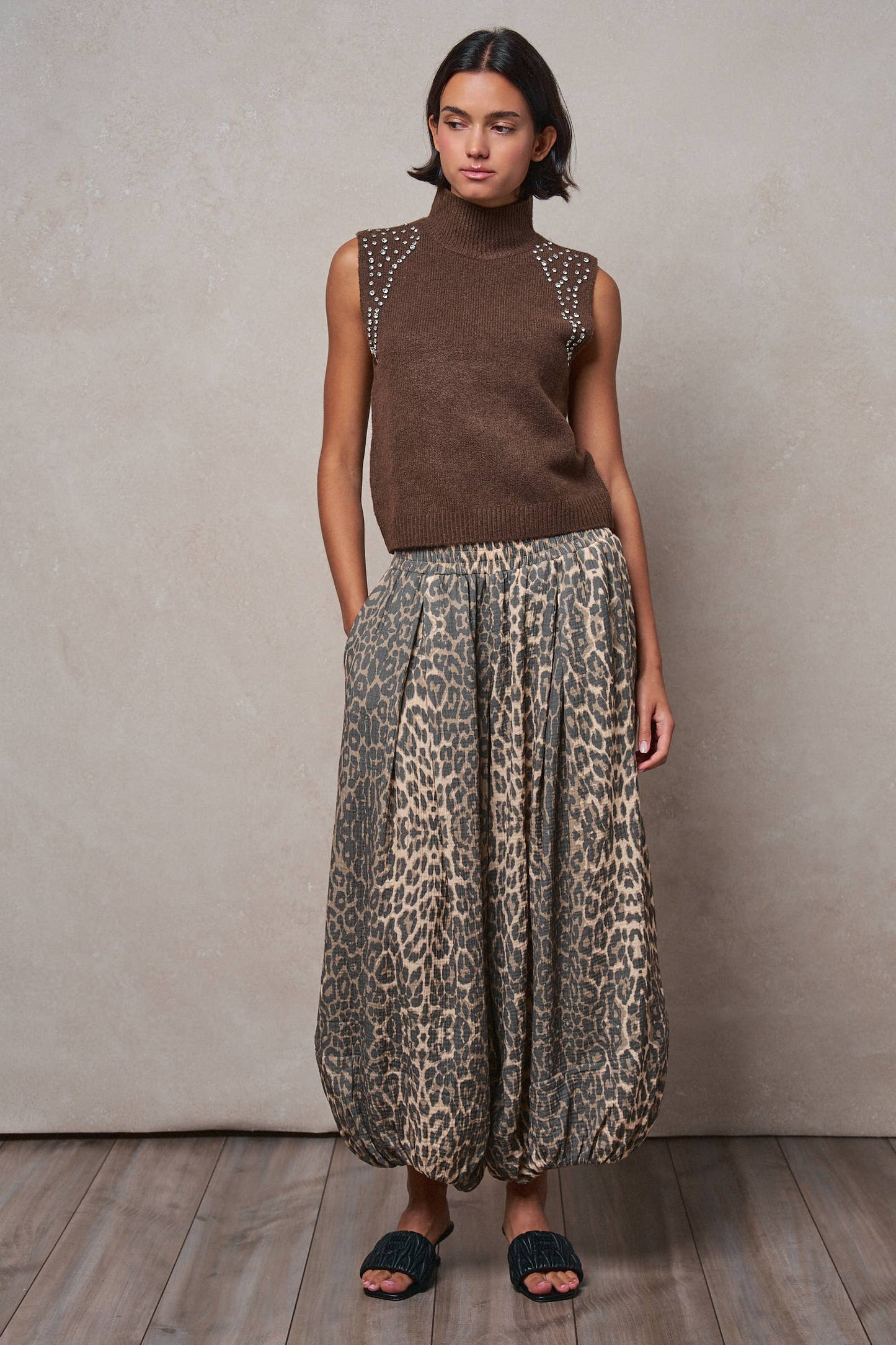 Crystal Embellished Sleeveless Mock Neck Knit Top