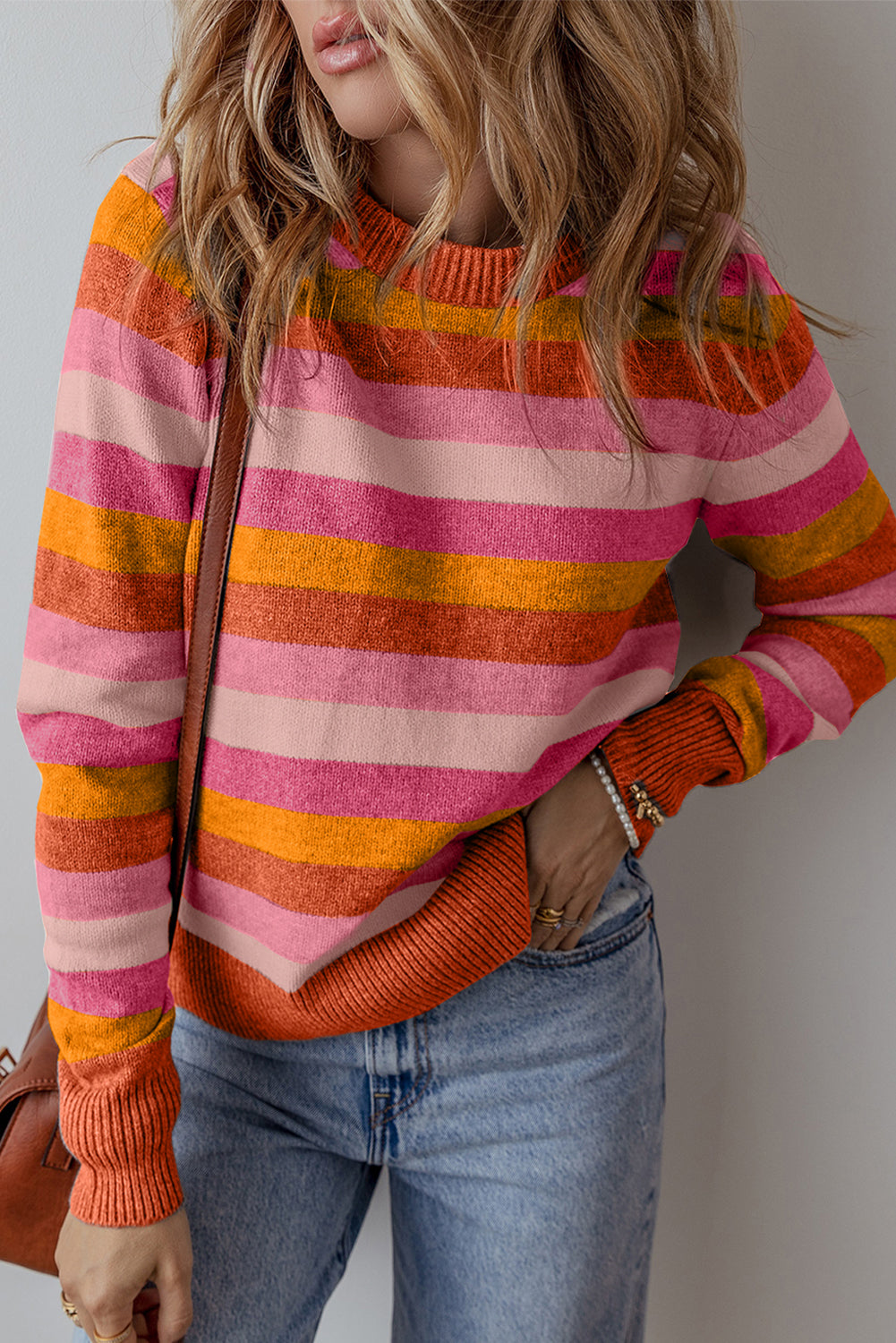 Orange Striped Ribbed Edge Round Neck Sweater