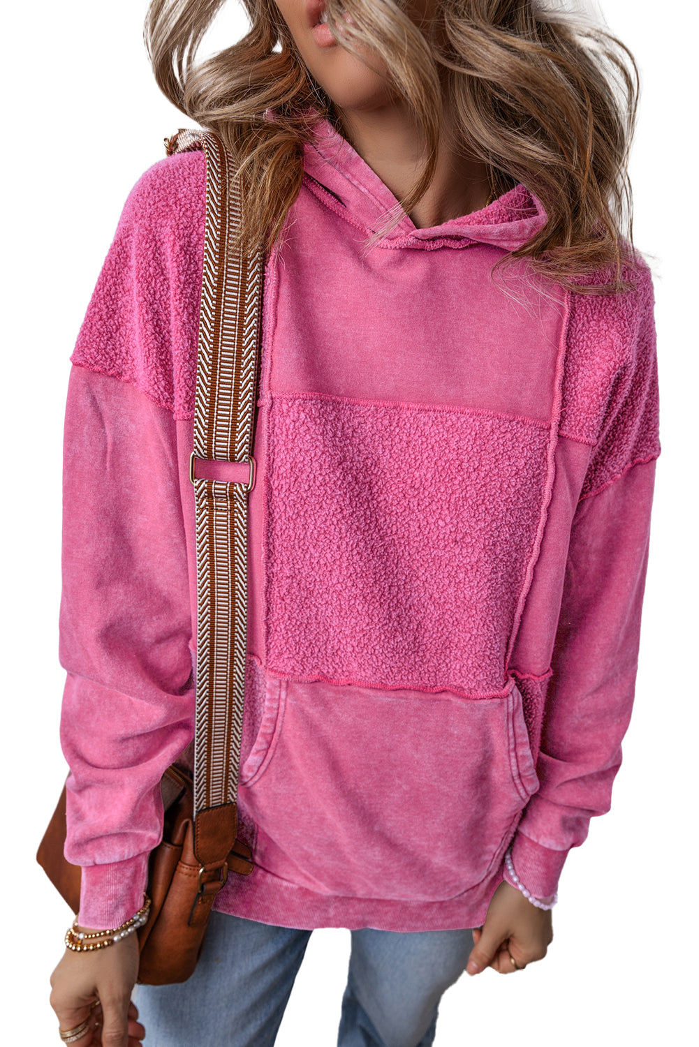 Pitaya Pink Mineral Wash Terry Patchwork Drawstring Hoodie