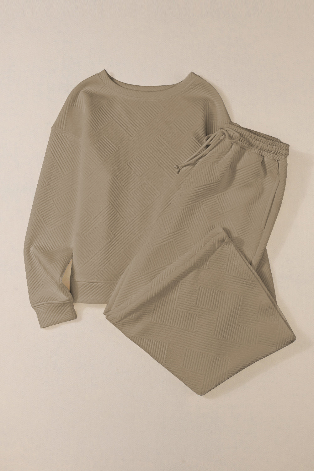 Dark Khaki Textured Loose Slouchy Long Sleeve Top and Pants Set