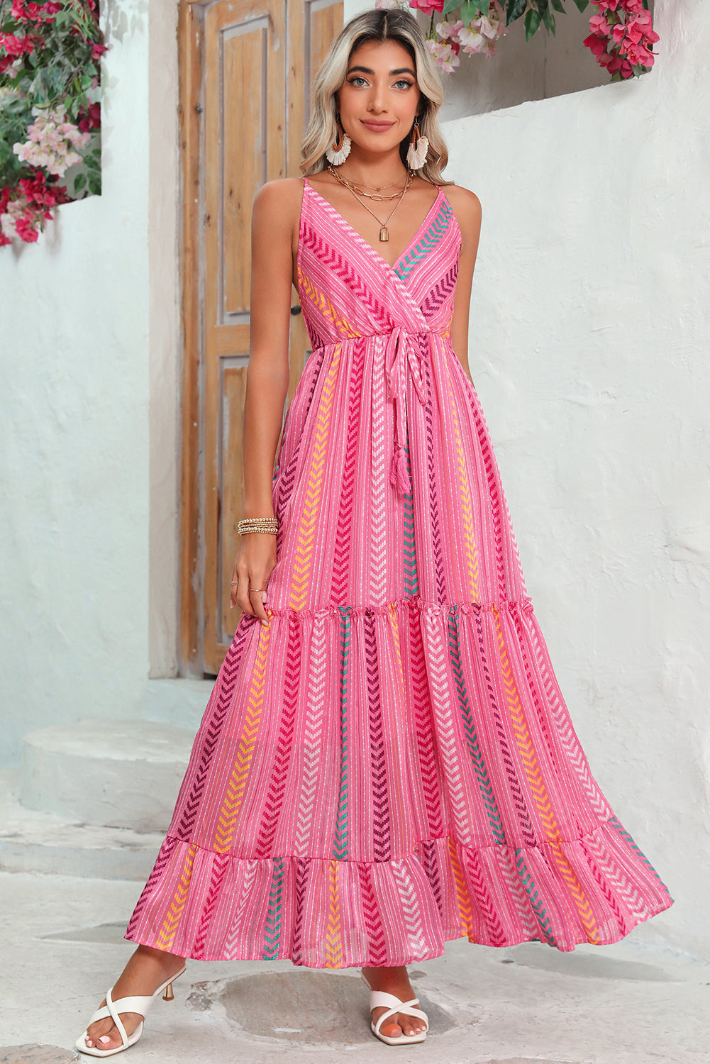 Wholesale Pink Boho Tassel Tie V Neck Wrapped Maxi Dress