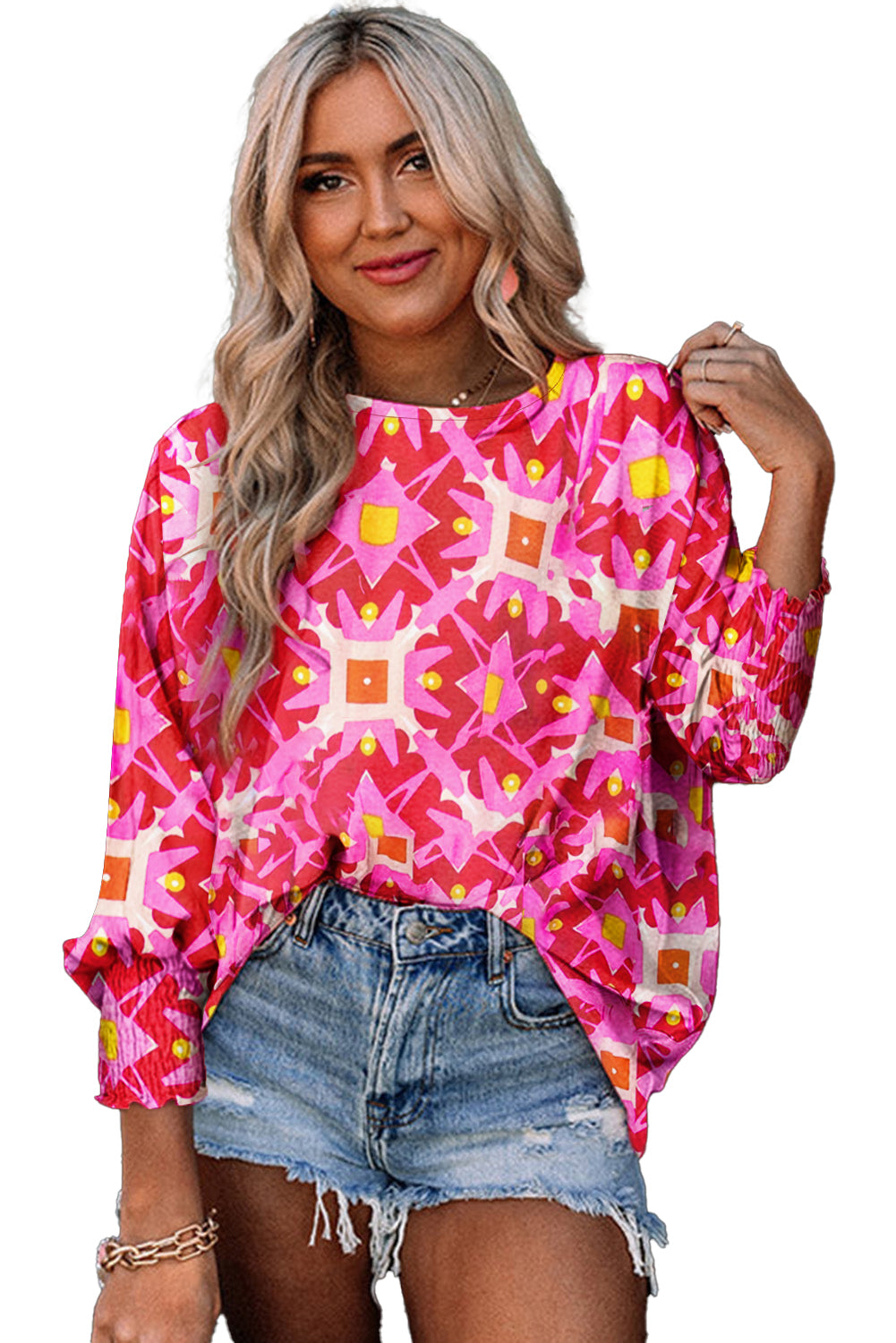 Strawberry Pink Abstract Print Shirred Cuff Loose Blouse